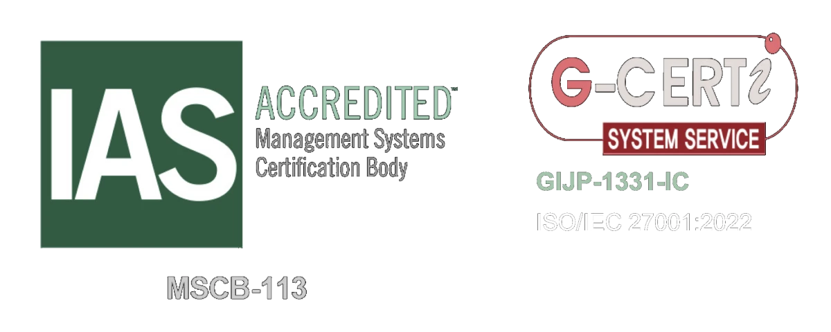 ISO/IEC 27001:2022 認証マーク（IAS認定、G-CERTi審査）