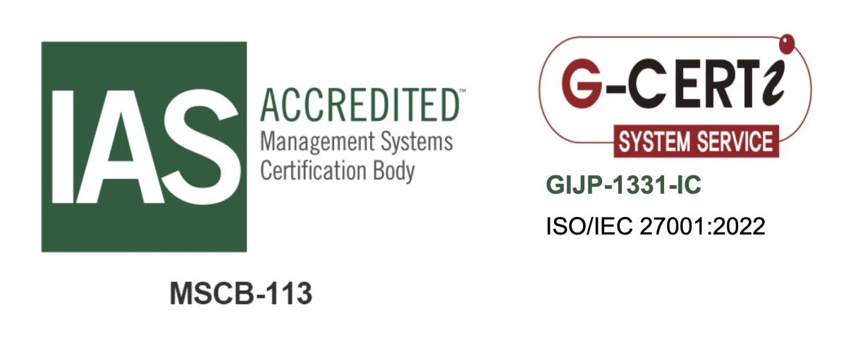 ISO/IEC 27001:2022 認証マーク（IAS認定、G-CERTi審査）
